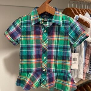 NWT Ralph Lauren Polo Girls Peplum Plaid Button Down Shirt 4T